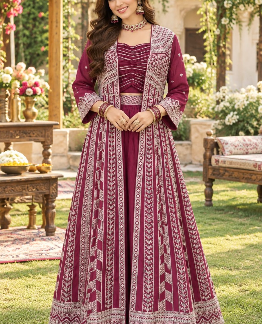 2201 - Embroidered Work Chinon Lehenga Choli In Maroon for Ceremonial